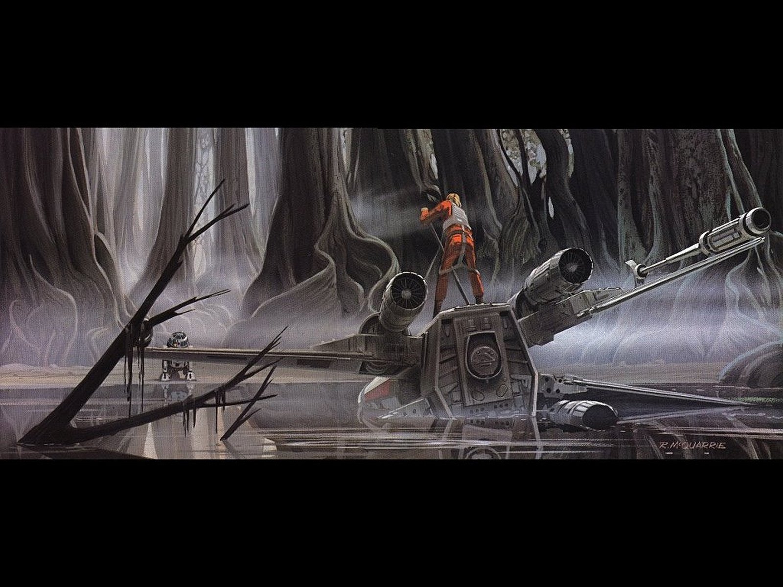 HD PC desktop wallpaper featuring a Star Wars X-Wing partially submerged in a misty forest swamp with a pilot on top, blending sci-fi and atmospheric elements.