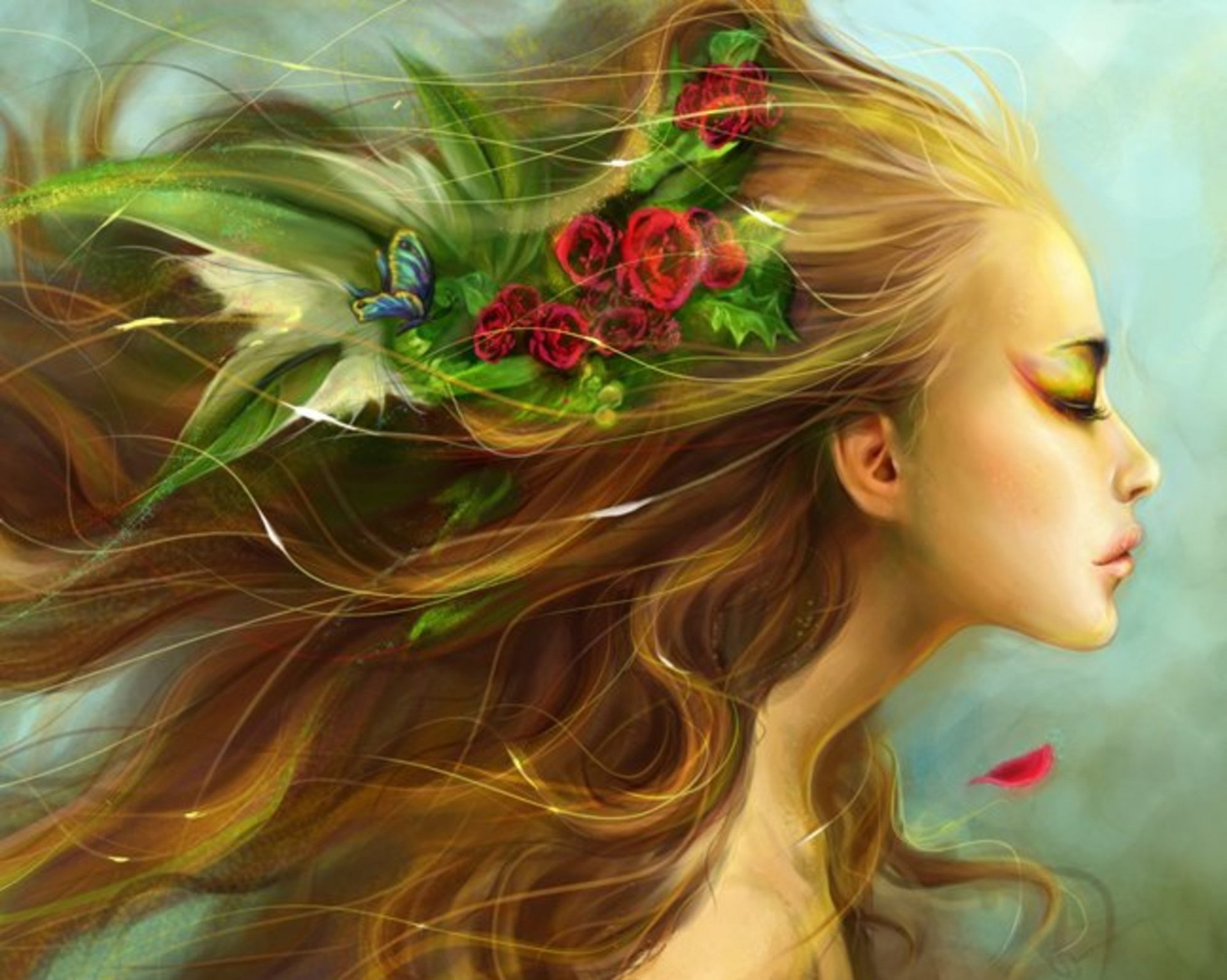 A serene fantasy depiction of a woman with flowing hair adorned with flowers and a butterfly, creating a vibrant, ethereal atmosphere for an HD desktop wallpaper.