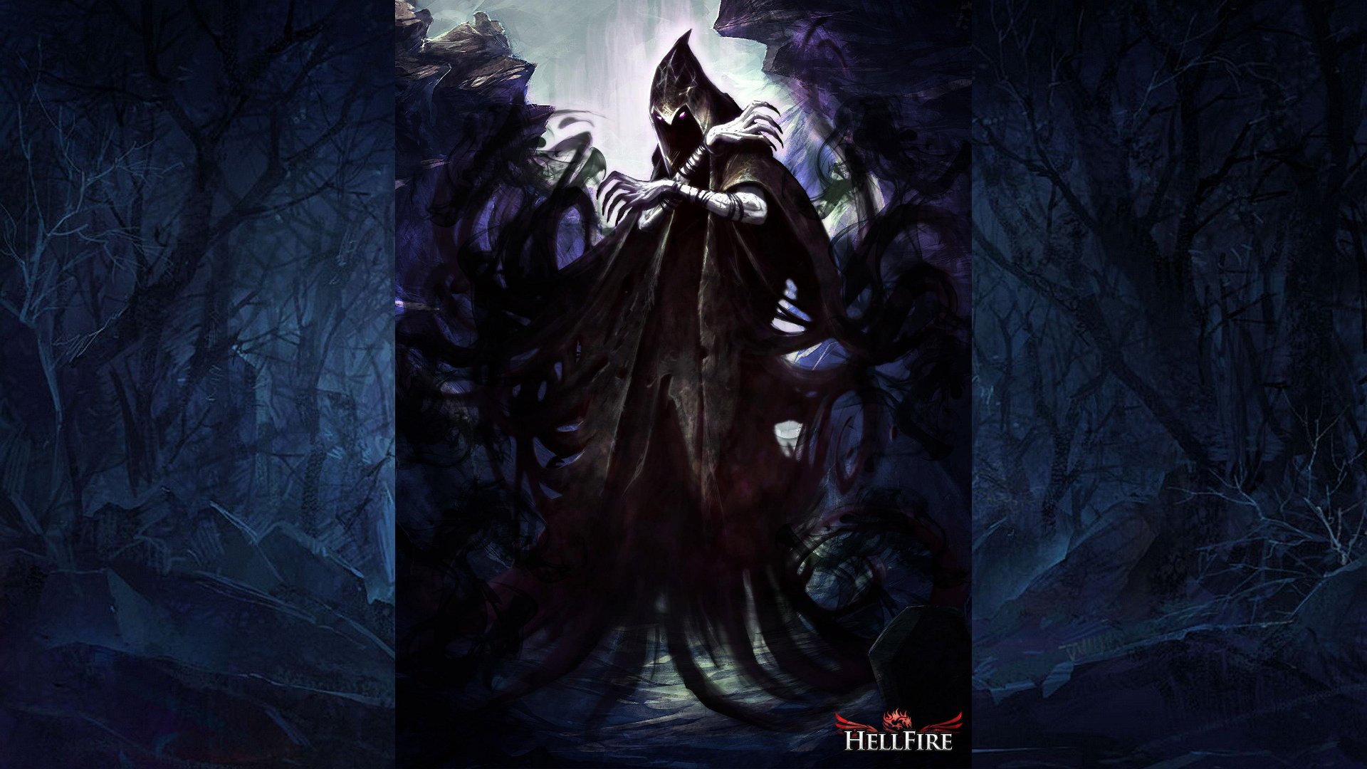 HD PC desktop wallpaper featuring a dark, hooded figure from the video game Hellfire, surrounded by ominous shadows and mystical energy.