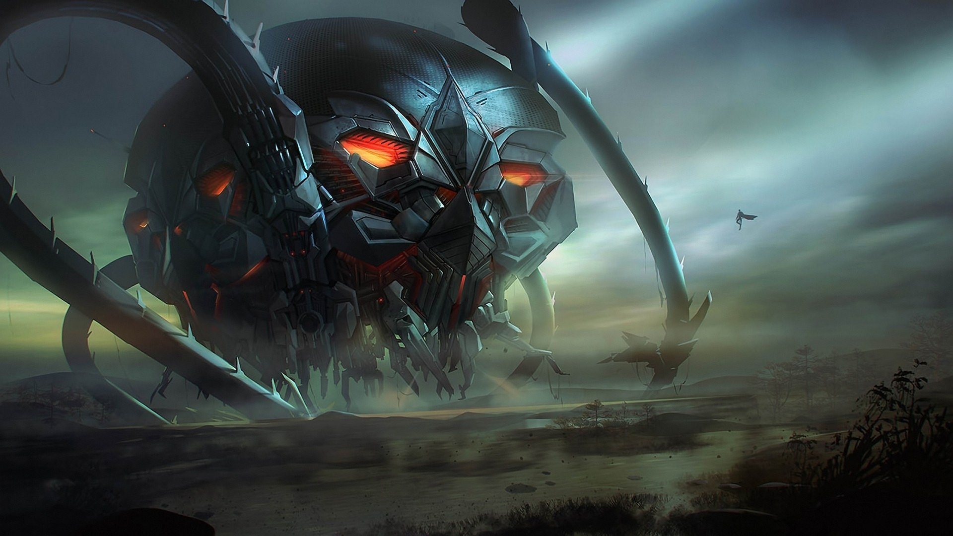 A dramatic HD wallpaper featuring Superman, set against a menacing, giant mechanical skull with glowing red eyes, surrounded by a dark, atmospheric landscape.