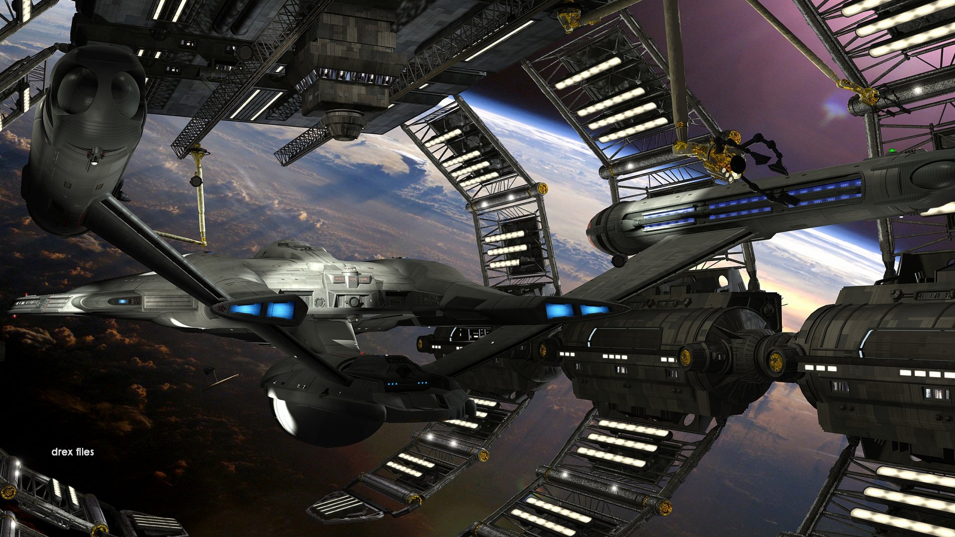HD PC desktop wallpaper featuring a detailed Star Trek sci-fi scene with a spaceship docked at a futuristic space station orbiting a planet.