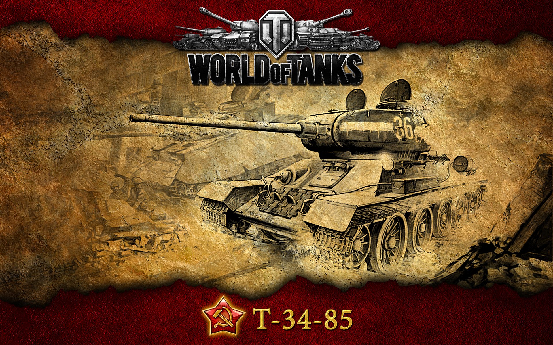 HD PC desktop wallpaper for the video game World of Tanks: sepia-toned T-34-85 tank advancing across a smoky battlefield with the game logo and red trim.