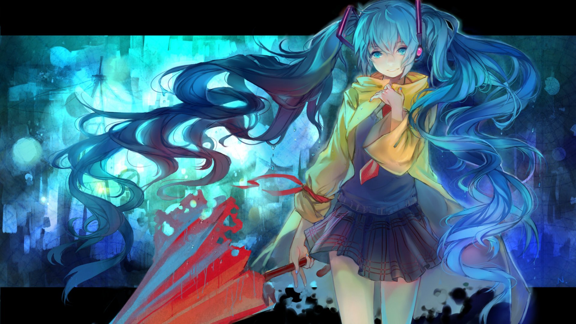 HD desktop wallpaper featuring Anime character Hatsune Miku, a Vocaloid, with long blue hair, a yellow jacket, and a cityscape background with vibrant blue and green hues.
