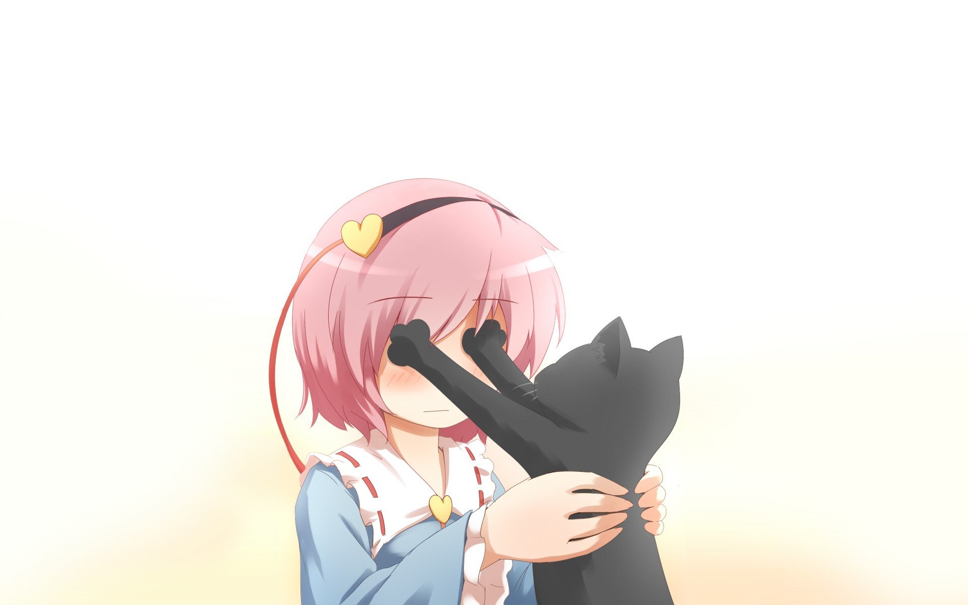 A charming anime scene featuring a character with pink hair hugging a black cat, set against a soft background. This HD wallpaper captures a sweet moment from the Touhou series.
