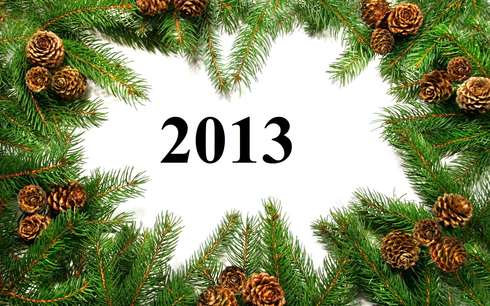 HD PC desktop wallpaper and background: New Year 2013 holiday design with 2013 centered in a white space framed by evergreen branches and pinecones.