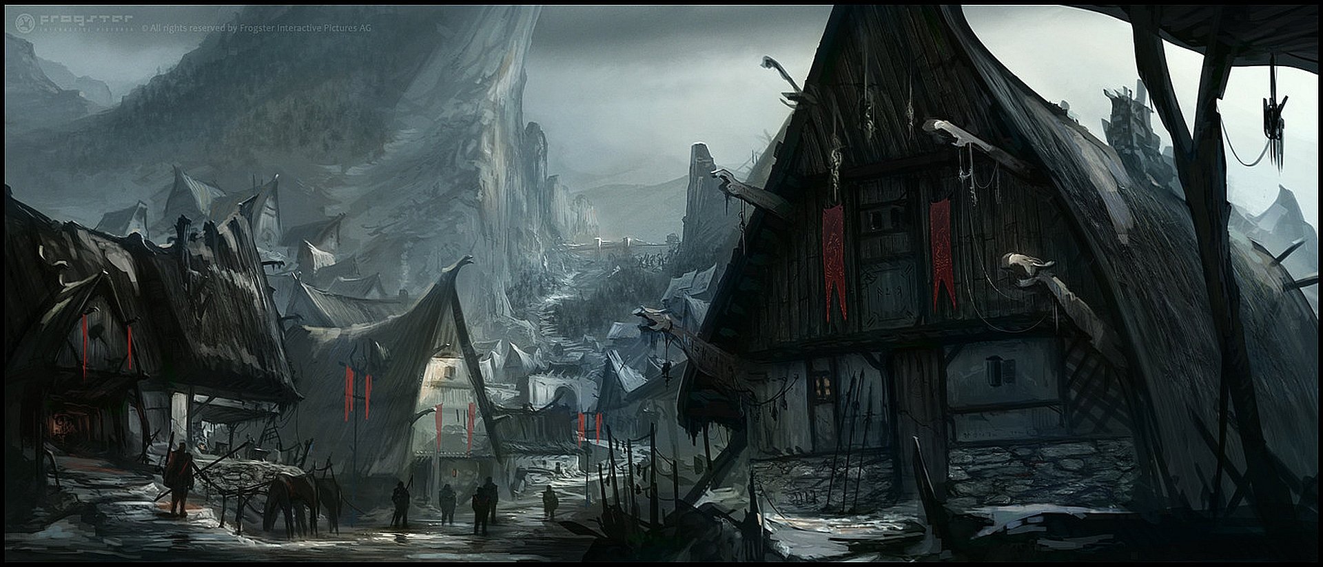 HD fantasy cityscape with dark, medieval-style houses set against towering rocky cliffs under a gloomy sky, detailed for a PC desktop wallpaper background.