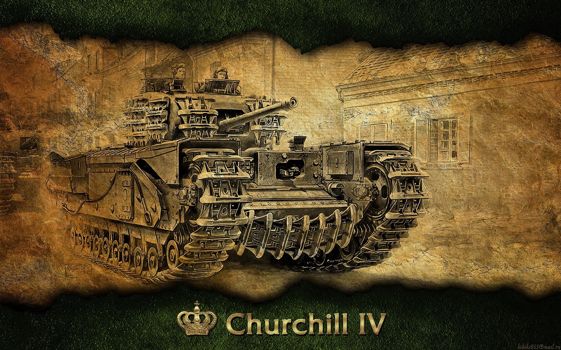 4K Ultra HD World of Tanks wallpaper featuring a detailed Churchill IV tank illustrated on a textured, vintage-style background for PC desktops.