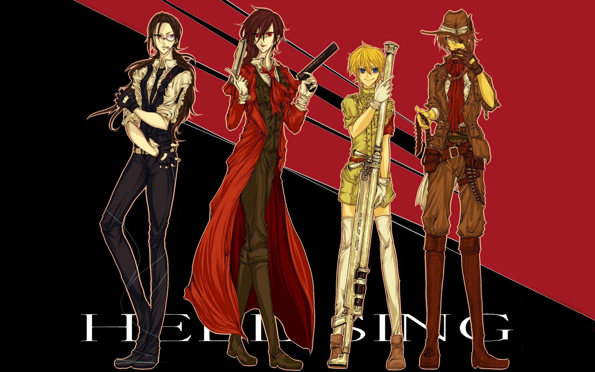 Anime-inspired HD artwork featuring characters from Hellsing, showcasing a diverse group with distinctive outfits and weapons against a bold red and black background.