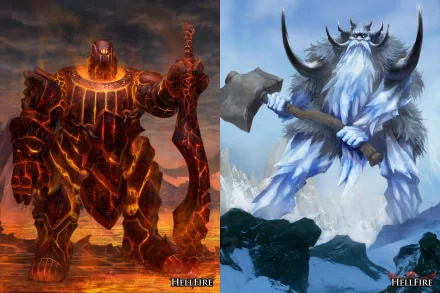 HD PC desktop wallpaper featuring two giant fantasy creatures from a video game: a fiery hellfire golem on the left and an icy frost giant on the right.
