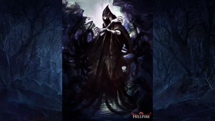 HD PC desktop wallpaper featuring a dark, hooded figure from the video game Hellfire, surrounded by ominous shadows and mystical energy.