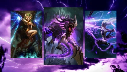 HD PC desktop wallpaper featuring fantasy hellfire monsters from a video game, set against a vivid background of lightning and dark ominous skies.