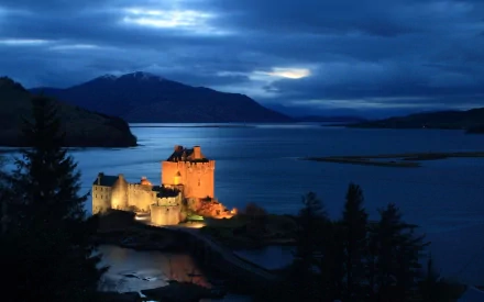 A stunning view of Eilean Donan Castle illuminated at dusk, surrounded by tranquil waters and silhouetted by mountains, making a captivating HD desktop wallpaper.