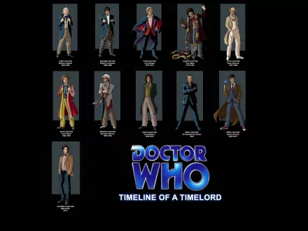 A vibrant HD wallpaper featuring characters from the TV show Doctor Who (2005), illustrating the timeline of a Time Lord with detailed artistic representations.