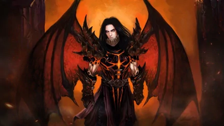A dark fantasy scene featuring a demon-like character with imposing wings and intricate armor, inspired by Deathwing from World of Warcraft, against a fiery background.