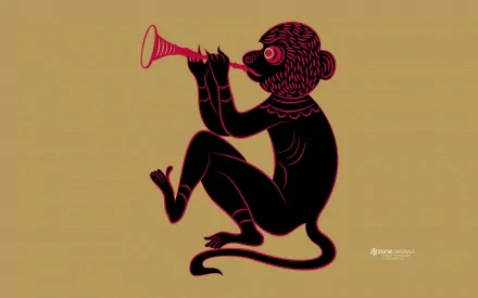 HD desktop wallpaper featuring a stylized Year of the Monkey zodiac design with a monkey playing a trumpet against a muted brown background.
