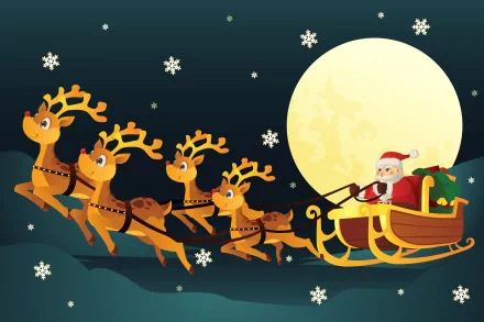 Santa rides a wooden sleigh, pulled by reindeer under a glowing moon, surrounded by gently falling snowflakes, creating a festive holiday spirit. 4K Ultra HD wallpaper for Christmas celebration.