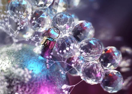 Close-up of shimmering Christmas ornaments adorned with delicate, frosty accents, creating a vibrant holiday atmosphere in an HD desktop wallpaper background.