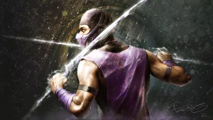 A dynamic HD wallpaper featuring a character from Mortal Kombat, showcasing a warrior poised with a sword, set against an ethereal, swirling background.