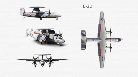 HD PC desktop wallpaper: artistic views of a Northrop Grumman E-2D Hawkeye military aircraft — top, side and front renderings on a clean white background.
