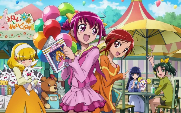 HD PC desktop wallpaper featuring vibrant Smile Precure! anime characters enjoying a lively amusement park scene with balloons, toys, and cheerful expressions.