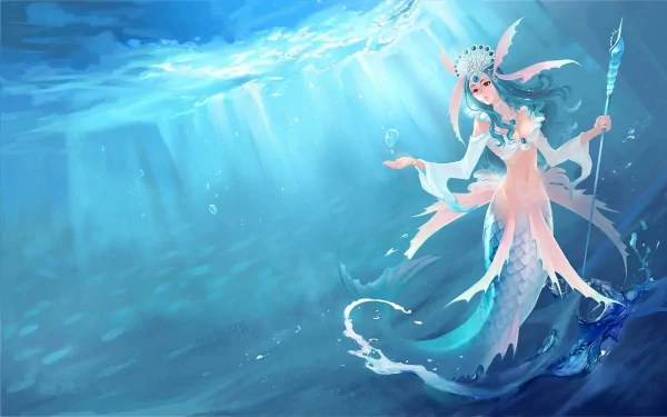 HD PC desktop wallpaper featuring Nami from League of Legends, depicted underwater with vibrant blue tones and flowing aquatic elements.