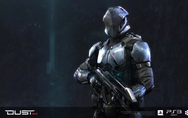 A high-definition PC desktop wallpaper featuring a character from the video game Dust 514, depicted in futuristic armor and holding a weapon, set against a dark background.