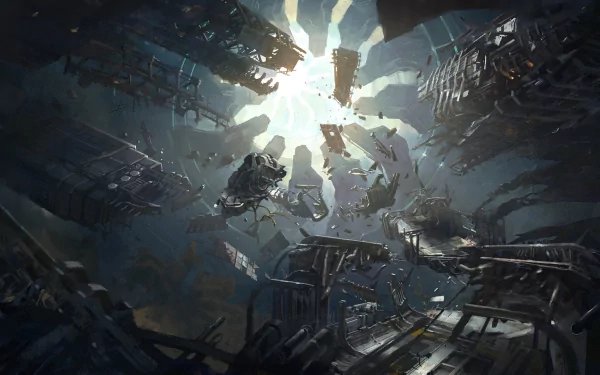 A captivating HD wallpaper from Halo 4, featuring a dramatic scene of derelict spacecraft illuminated by a bright light, set against a dark, atmospheric backdrop.