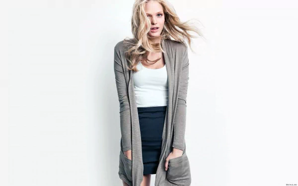 HD PC desktop wallpaper featuring celebrity Erin Heatherton standing against a white background, wearing a gray cardigan, white top, and black skirt.