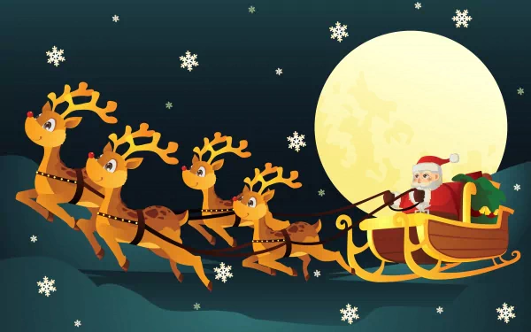 Santa rides a wooden sleigh, pulled by reindeer under a glowing moon, surrounded by gently falling snowflakes, creating a festive holiday spirit. 4K Ultra HD wallpaper for Christmas celebration.