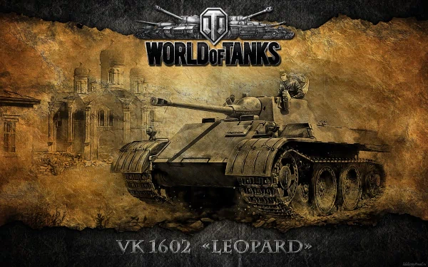 4K Ultra HD World of Tanks PC wallpaper featuring the VK 1602 Leopard tank set against a weathered, battle-worn background with the game logo displayed above.