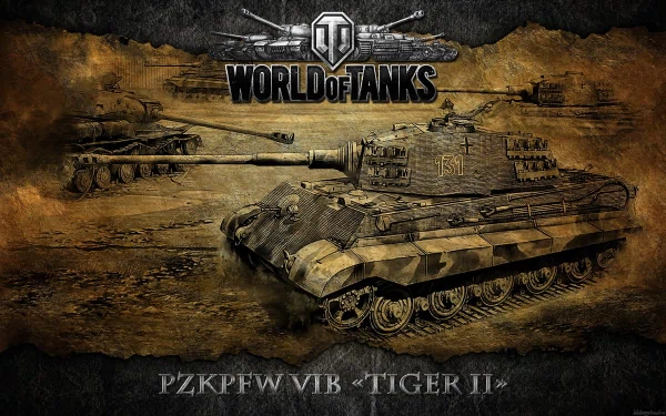 4K Ultra HD World of Tanks PC wallpaper featuring detailed Tiger II tank illustration on a textured background with the game's logo above.