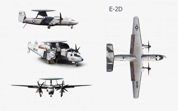HD PC desktop wallpaper: artistic views of a Northrop Grumman E-2D Hawkeye military aircraft — top, side and front renderings on a clean white background.