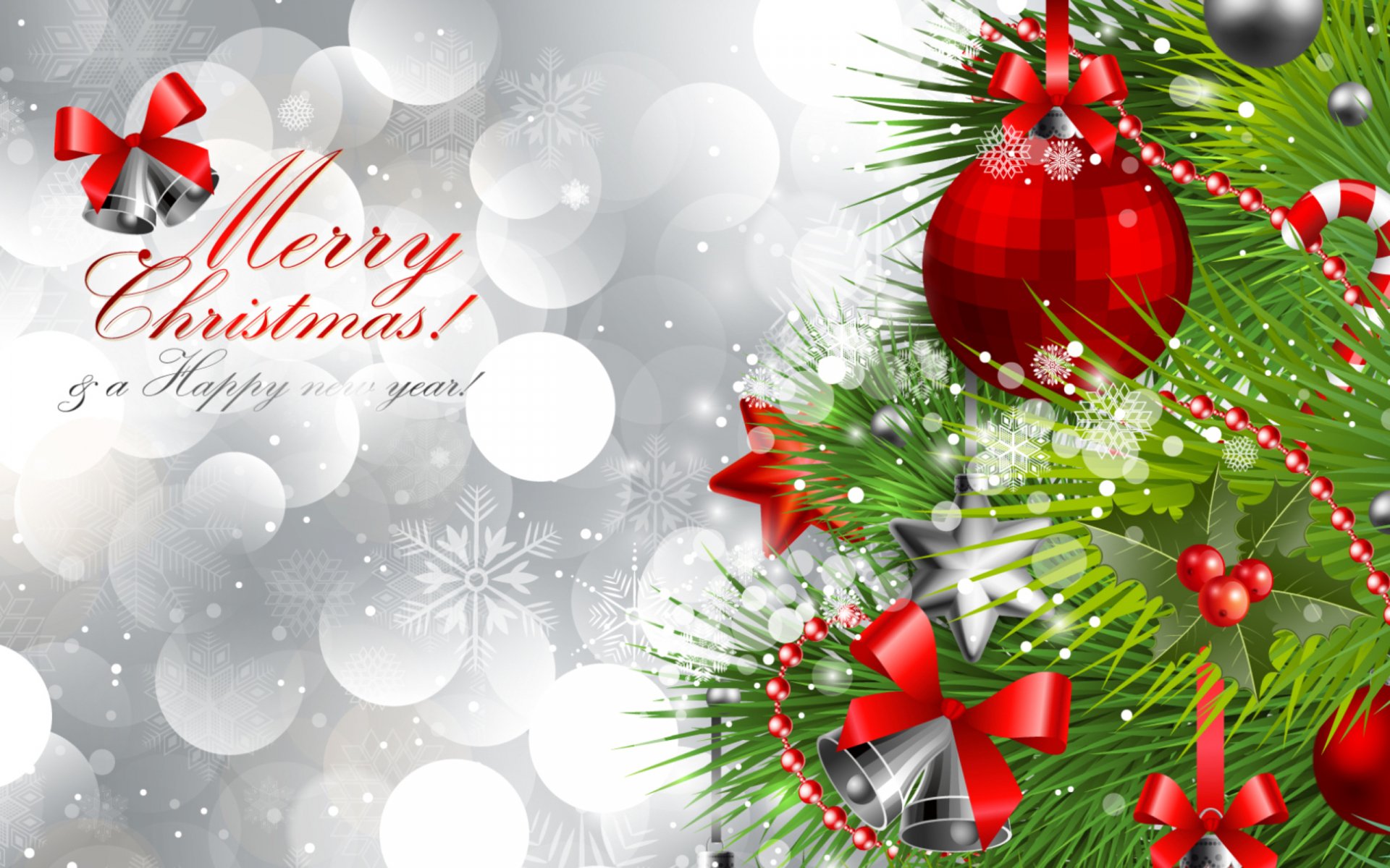 Colorful Christmas ornaments and festive decorations adorn a lush green tree, accompanied by a cheerful Merry Christmas! greeting, set against a soft, blurred holiday background.