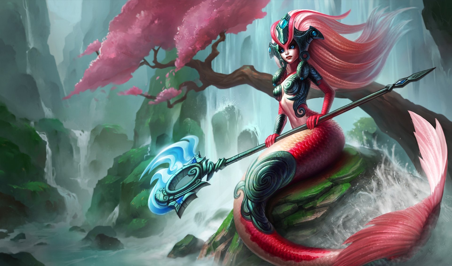 HD PC desktop wallpaper featuring Nami from League of Legends, showcasing her aquatic design and mystical weapon against a serene, misty landscape with cherry blossoms.
