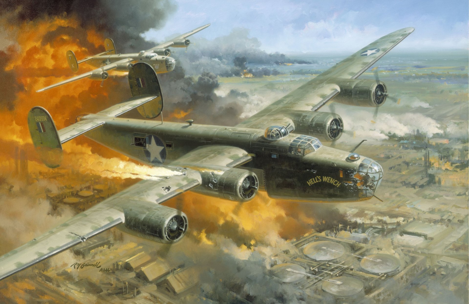 HD desktop wallpaper depicting a military scene with a Consolidated B-24 Liberator aircraft flying over a fiery battlefield.