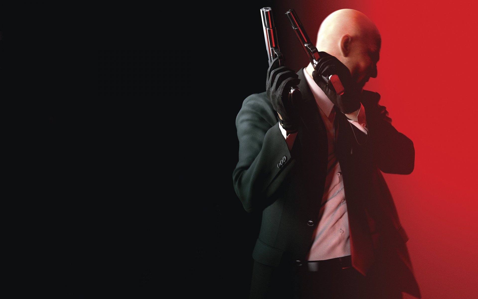 HD PC desktop wallpaper featuring a stylized Hitman character in a suit, holding guns against a dark background with red lighting, inspired by the video game.