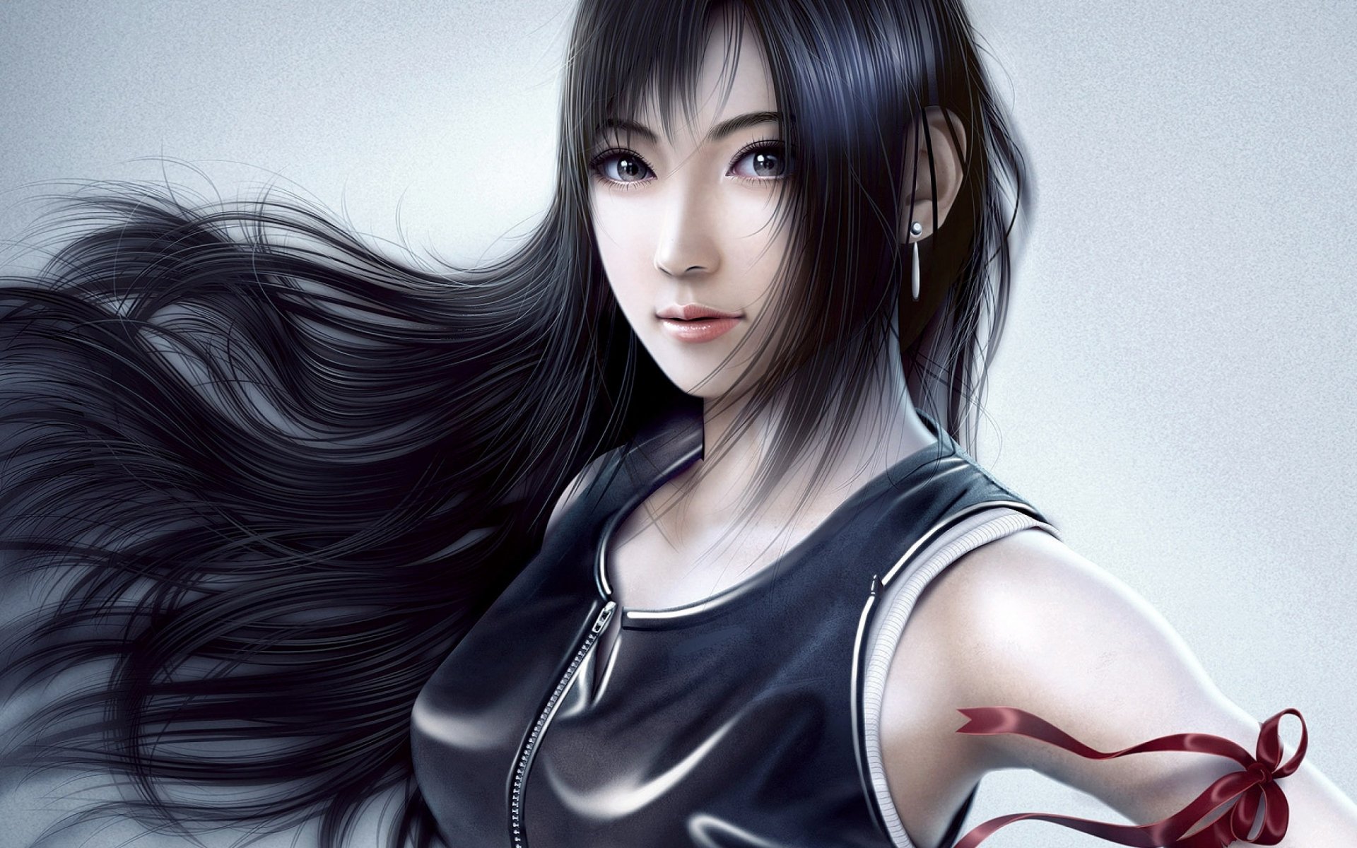 Fantasy-themed HD PC desktop wallpaper featuring a serene woman with long flowing black hair and a dark sleeveless outfit against a soft, light background.