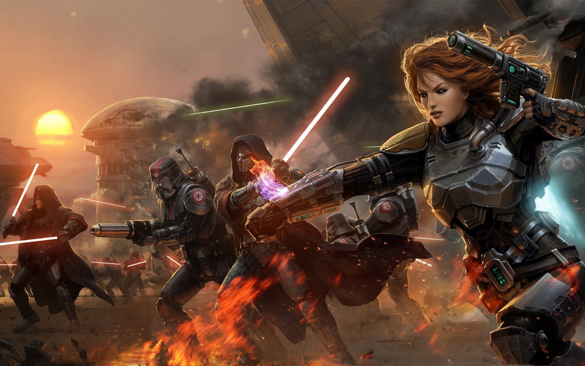 HD PC desktop wallpaper featuring intense combat scenes from the video game Star Wars: The Old Republic with characters wielding lightsabers and blasters at sunset.