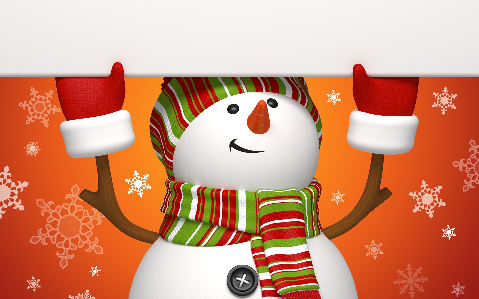 HD PC desktop wallpaper featuring a cheerful snowman wearing a striped scarf and mittens against an orange background with snowflakes, capturing a festive holiday Christmas theme.