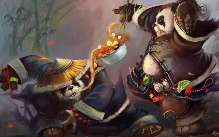 HD desktop wallpaper featuring Pandaren characters from World of Warcraft: Mists of Pandaria in a dynamic, colorful video game scene.