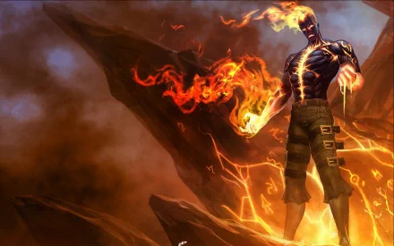 HD PC desktop wallpaper featuring Brand, a fiery champion from the video game League of Legends, engulfed in flames against a dark, volcanic backdrop.