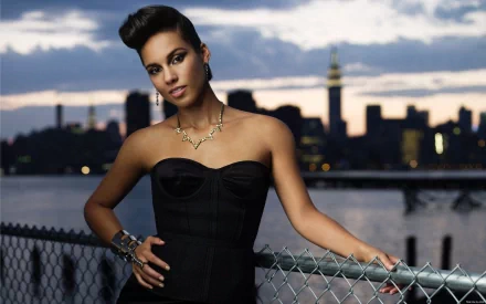 HD desktop wallpaper of Alicia Keys posing against a city skyline at dusk, showcasing her music persona with an elegant and confident style.