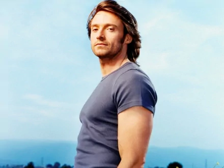 A striking HD desktop wallpaper featuring celebrity Hugh Jackman, showcasing him in profile against a serene blue sky, highlighting his confident demeanor and tousled hair.