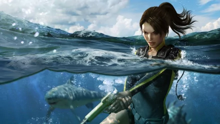 HD PC wallpaper featuring Lara Croft from Tomb Raider: Underworld, depicted underwater on an adventurous video game scene.