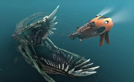 A dark and eerie underwater scene featuring a monstrous creature alongside a small submersible, creating a captivating HD desktop wallpaper and background.