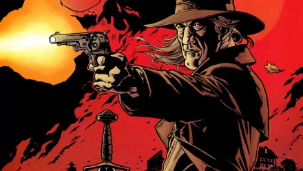 HD PC desktop wallpaper featuring a comic-style preacher with long hair and hat, aiming a revolver against a dramatic red and black background.