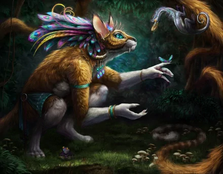 A fantastical animal character with vibrant feathers and intricate adornments interacts with nature in a lush, magical setting. This HD wallpaper captivates with its enchanting details.