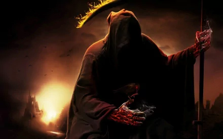 Dark grim reaper with glowing skeletal hands and a hooded cloak, set against a fiery, ominous background in this HD PC desktop wallpaper.