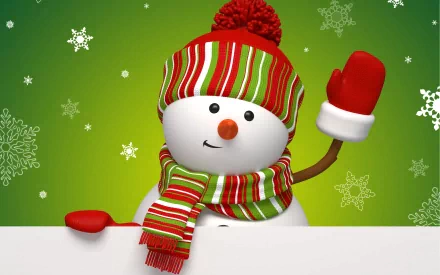 A cheerful snowman wearing a striped scarf and hat waves against a vibrant green background, embellished with snowflakes, creating a festive and artistic Christmas vibe.