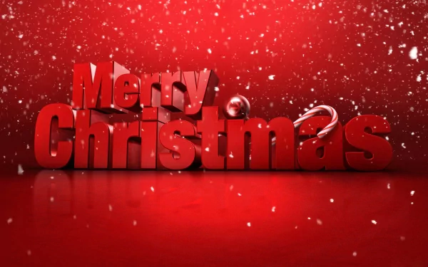 HD desktop wallpaper featuring Merry Christmas in bold red text with candy canes and ornaments, set against a festive red background with falling snow.
